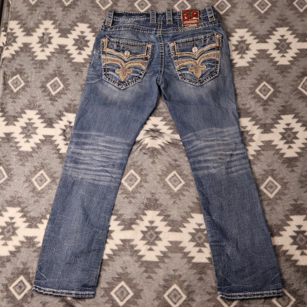 Rock Revival Bodie Straight Blue Jeans Mens 32 Heavy Wash Fleur De Lis